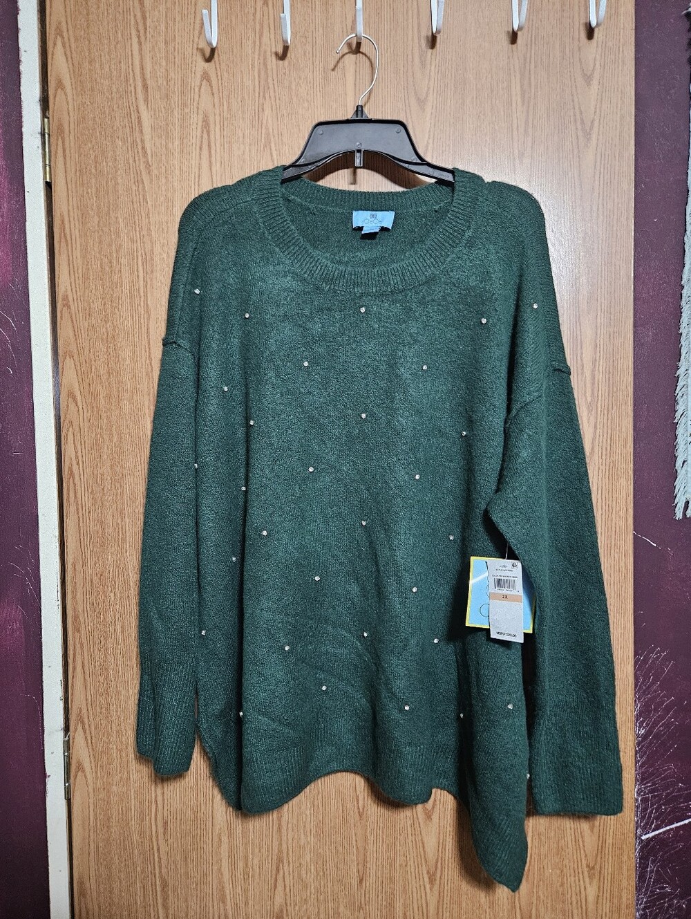 CeCe Plus Size Allover Rhinestone Windsor Moss Green Crew Neck Pullover 2X!